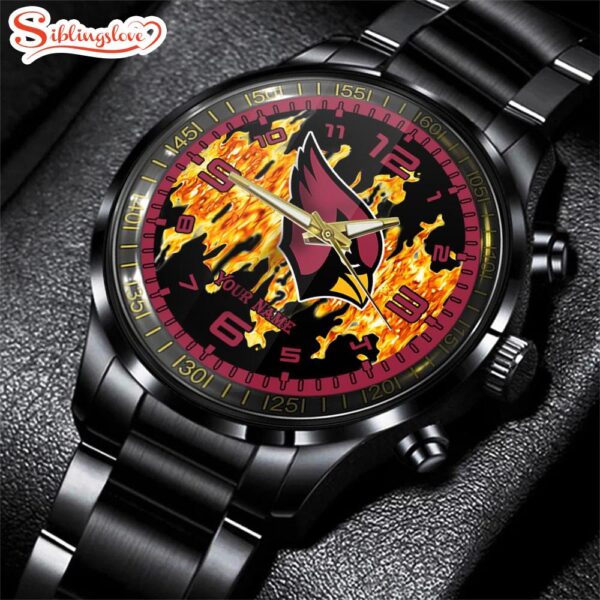 Custom Name Arizona Cardinals NFL 3D Men  Black Stainless Steel Watch Gift For Fans