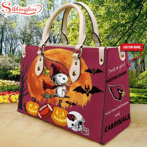 Custom Name Arizona Cardinals NFL Snoopy Halloween Women Leather Hand Bag