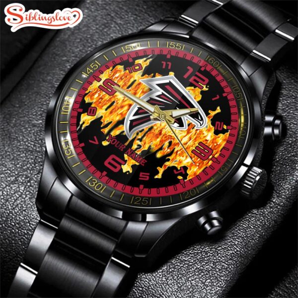 Custom Name Atlanta Falcons NFL 3D Men  Black Stainless Steel Watch Gift For Fans