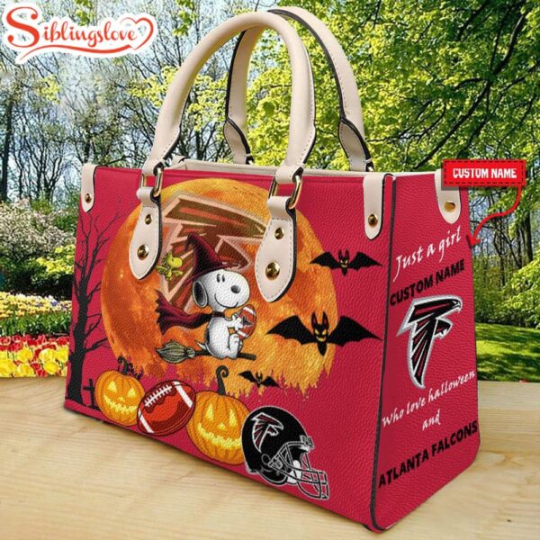 Custom Name Atlanta Falcons NFL Snoopy Halloween Women Leather Hand Bag