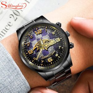 Custom Name Baltimore Ravens NFL 3D Men Black Stainless Steel Watch Gift For Fans