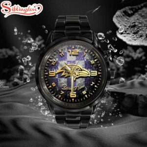 Custom Name Baltimore Ravens NFL 3D Men Black Stainless Steel Watch Gift For Fans