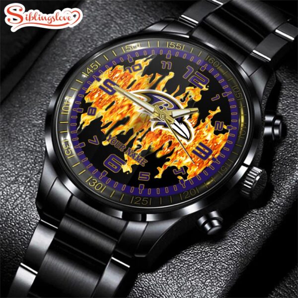 Custom Name Baltimore Ravens NFL 3D Men  Black Stainless Steel Watch Gift For Fans