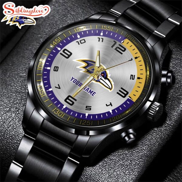 Custom Name Baltimore Ravens NFL Black Stainless Steel Watch Gift For Fans And Dad