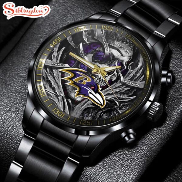 Custom Name Baltimore Ravens NFL Men Black Stainless Steel Watch Gift For Fans