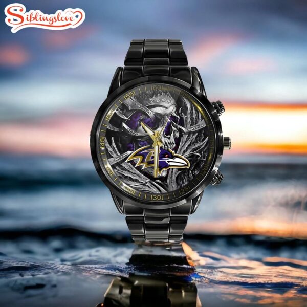 Custom Name Baltimore Ravens NFL Men Black Stainless Steel Watch Gift For Fans