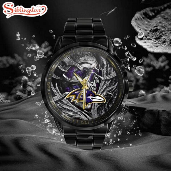 Custom Name Baltimore Ravens NFL Men Black Stainless Steel Watch Gift For Fans