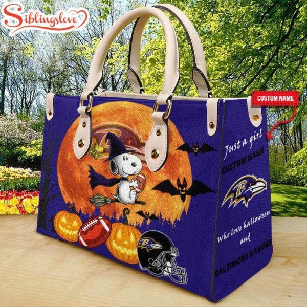 Custom Name Baltimore Ravens NFL Snoopy Halloween Women Leather Hand Bag