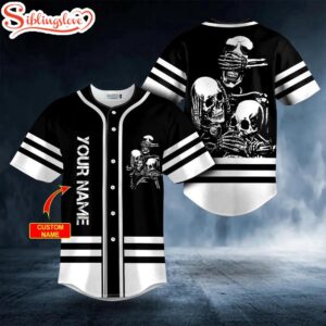 Custom Name Black And White No Hear No See No Speak Skull Halloween Baseball Jersey Shirt