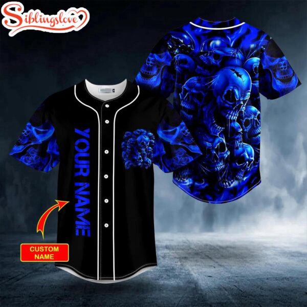 Custom Name Black Blue Cracked Skull Halloween Baseball Jersey Shirt