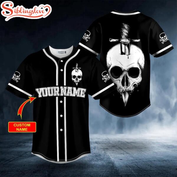 Custom Name Black White A Knife Through A Skull Halloween Baseball Jersey Shirt