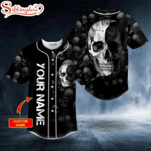 Custom Name Black White Crack Skull Halloween Baseball Jersey Shirt