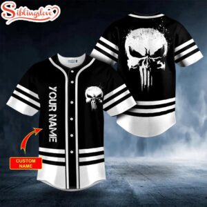 Custom Name Black White Punisher Skull Halloween Baseball Jersey Shirt