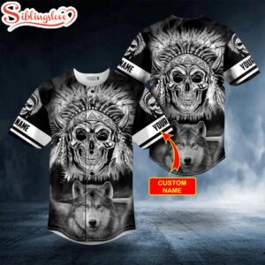 Custom Name Black White Wolf N Native Skull Halloween Baseball Jersey Shirt