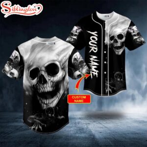 Custom Name Black White Zombie Monster Motion Faded Skull Halloween Baseball Jersey Shirt