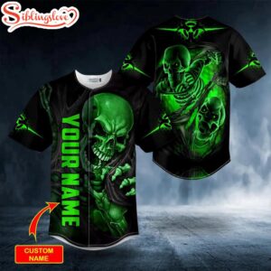 Custom Name Blood Drip Skeleton Green Skull Halloween Baseball Jersey Shirt