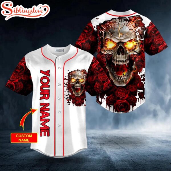 Custom Name Blood Rose Fire Skull Halloween Baseball Jersey Shirt