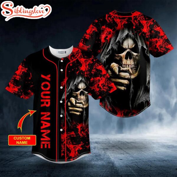 Custom Name Bloody Grim Reaper Pointing Skull Halloween Baseball Jersey Shirt