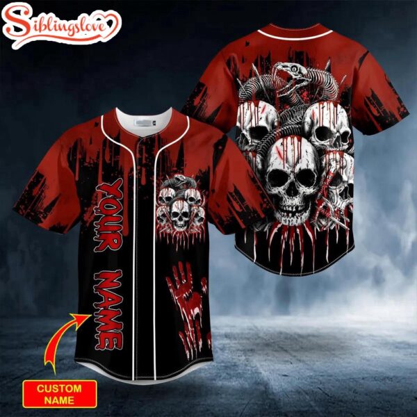 Custom Name Bloody Snake Bone Skull Halloween Baseball Jersey Shirt