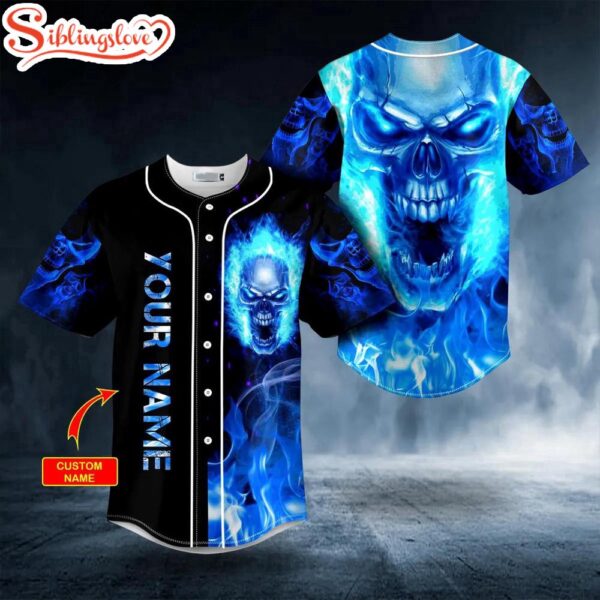 Custom Name Blue Flaming Skull Halloween Baseball Jersey Shirt