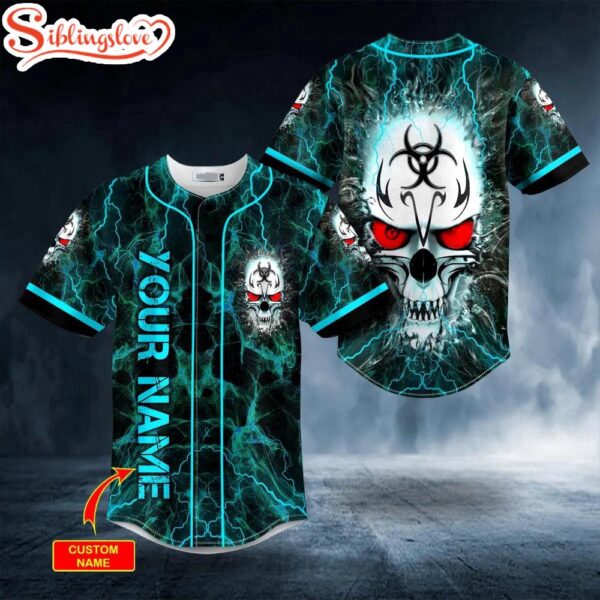 Custom Name Blue Lightning Biohazard Red Eyes Skull Halloween Baseball Jersey Shirt