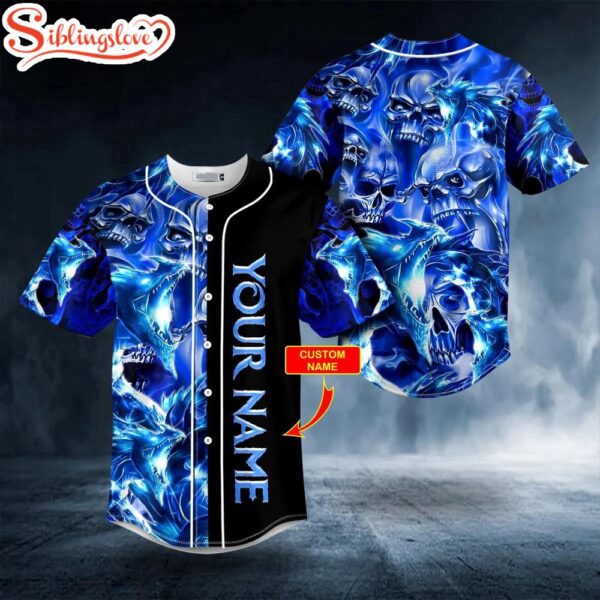 Custom Name Blue Liquid Skull Halloween Baseball Jersey Shirt