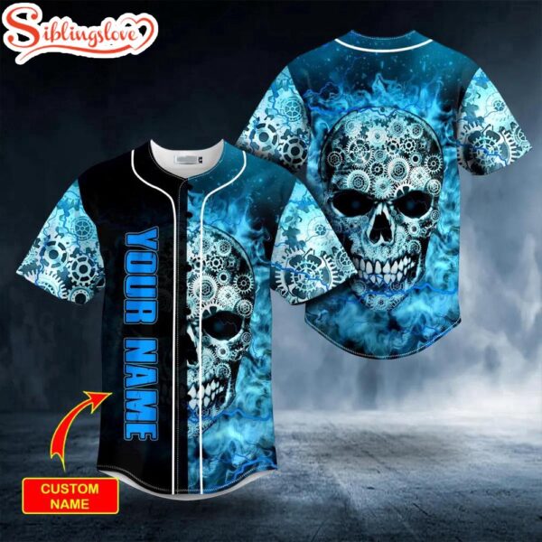 Custom Name Blue Mechanism Gear Skull Halloween Baseball Jersey Shirt