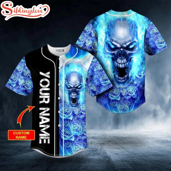 Custom Name Blue Rose Burning Skull Halloween Baseball Jersey Shirt