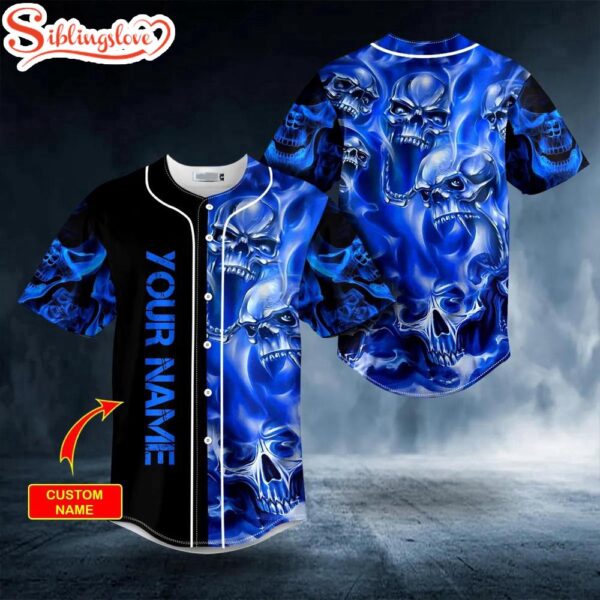 Custom Name Blue Soul Eater Ghost Skull Halloween Baseball Jersey Shirt