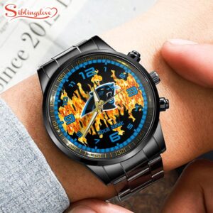 Custom Name Carolina Panthers NFL 3D Men Black Stainless Steel Watch Gift For Fans