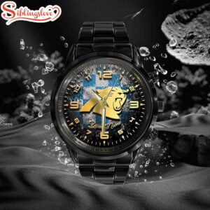 Custom Name Carolina Panthers NFL 3D Men Black Stainless Steel Watch Gift For Fans