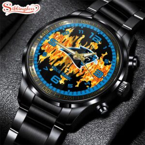 Custom Name Carolina Panthers NFL 3D Men Black Stainless Steel Watch Gift For Fans