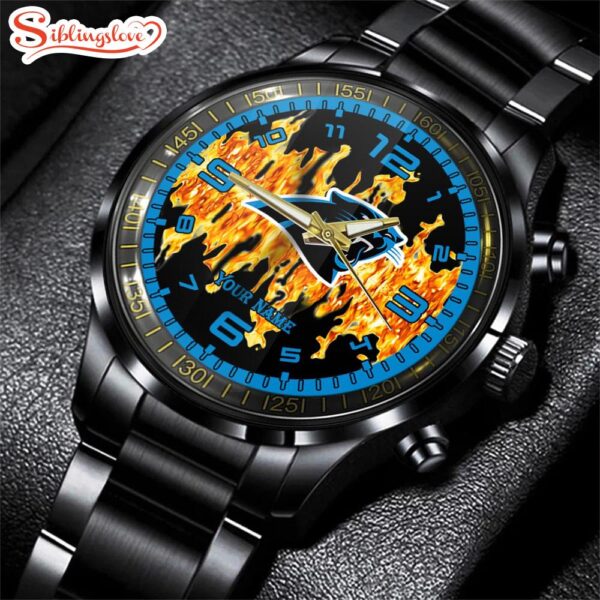 Custom Name Carolina Panthers NFL 3D Men  Black Stainless Steel Watch Gift For Fans