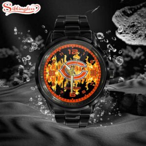 Custom Name Chicago Bears NFL 3D Men Black Stainless Steel Watch Gift For Fans