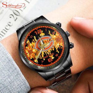 Custom Name Chicago Bears NFL 3D Men Black Stainless Steel Watch Gift For Fans