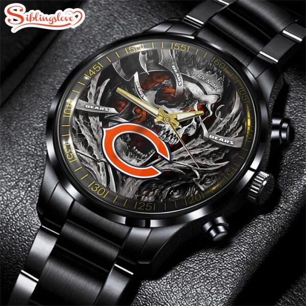 Custom Name Chicago Bears NFL Men Black Stainless Steel Watch Gift For Fans