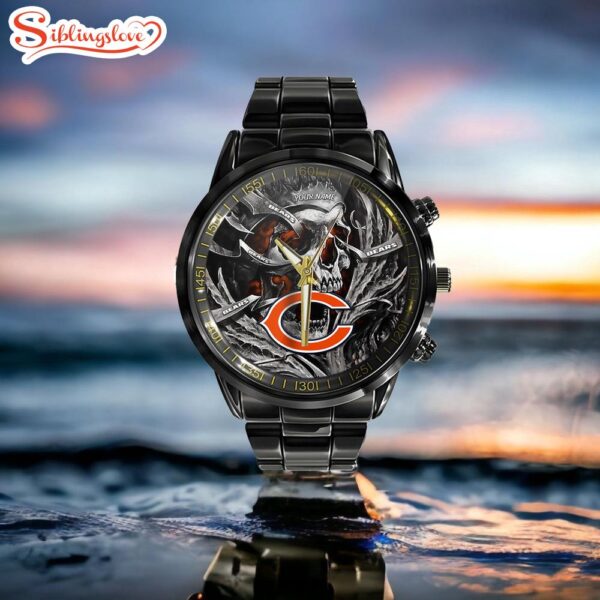 Custom Name Chicago Bears NFL Men Black Stainless Steel Watch Gift For Fans