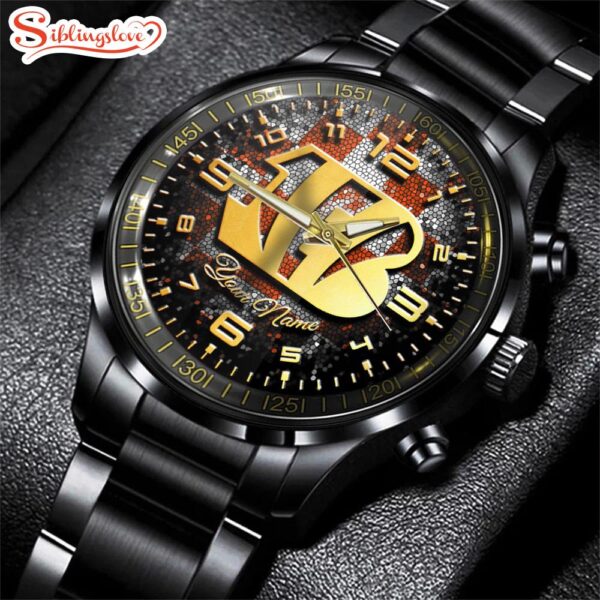 Custom Name  Cincinnati Bengals NFL 3D Men Black Stainless Steel Watch Gift For Fans For Father