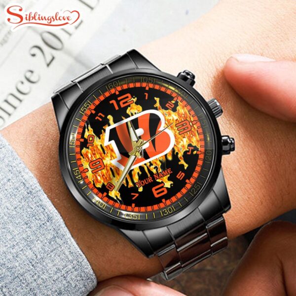 Custom Name Cincinnati Bengals NFL 3D Men  Black Stainless Steel Watch Gift For Fans