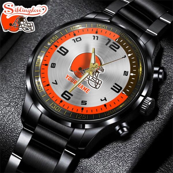 Custom Name  Cleveland Browns NFL Black Stainless Steel Watch Gifts For Fans