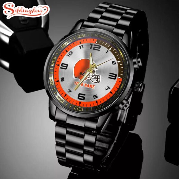 Custom Name Cleveland Browns NFL Black Stainless Steel Watch Gifts For Fans