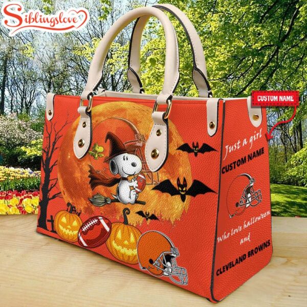 Custom Name Cleveland Browns NFL Snoopy Halloween Women Leather Hand Bag