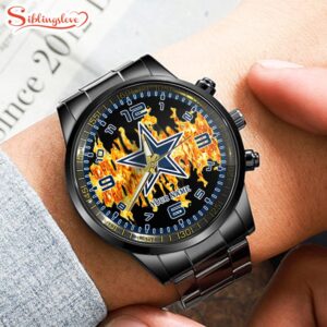 Custom Name Dallas Cowboys NFL 3D Men Black Stainless Steel Watch Gift For Fans