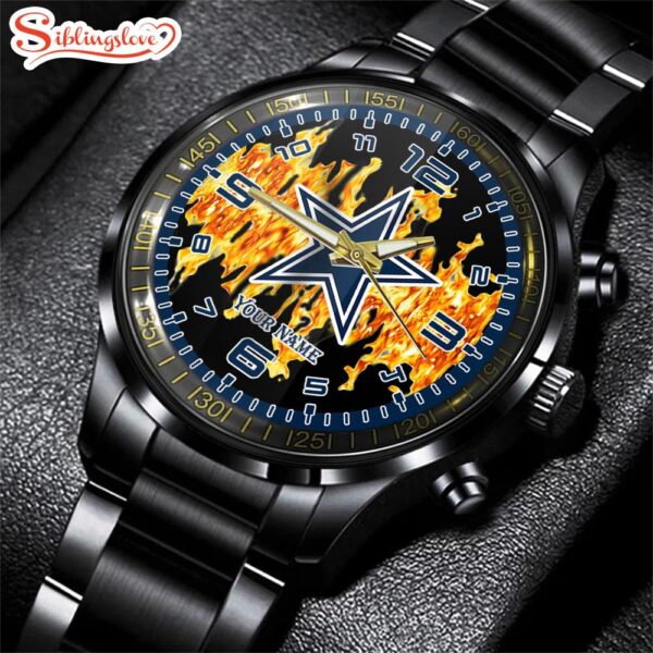 Custom Name  Dallas Cowboys NFL 3D Men  Black Stainless Steel Watch Gift For Fans