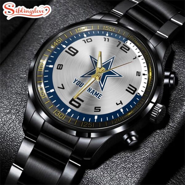 Custom Name Dallas Cowboys NFL Black Stainless Steel Watch Gifts For Fans