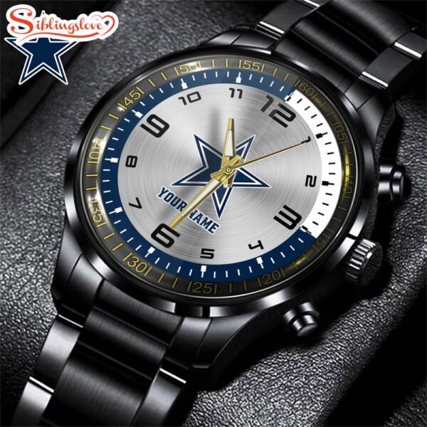 Custom Name  Dallas Cowboys NFL Black Stainless Steel Watch Gifts For Fans