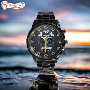 Custom Name Dallas Cowboys NFL Men Black Stainless Steel Watch Gift For Fans