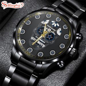 Custom Name Dallas Cowboys NFL Men Black Stainless Steel Watch Gift For Fans