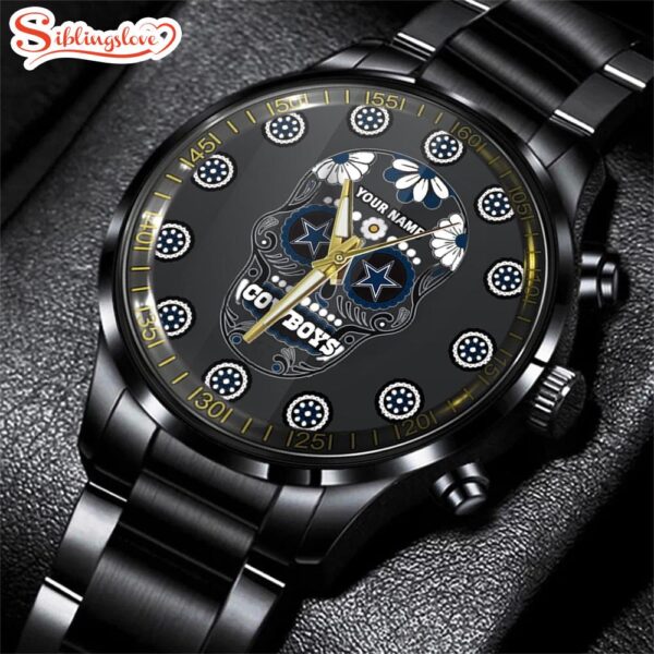 Custom Name  Dallas Cowboys NFL Men Black Stainless Steel Watch Gift For Fans