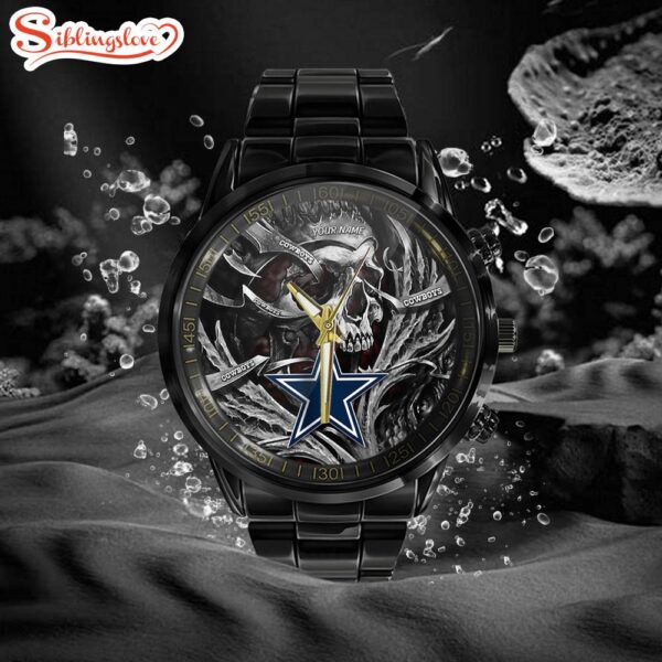 Custom Name  Dallas Cowboys NFL Men Black Stainless Steel Watch Gift For Fans